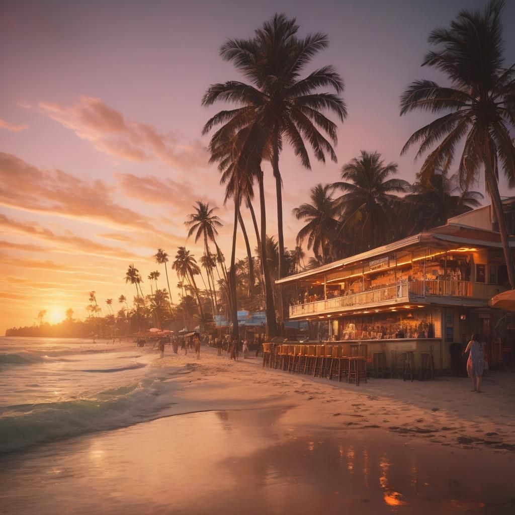 Tropical Beach Sunset in Vibrant Oil Painting Style