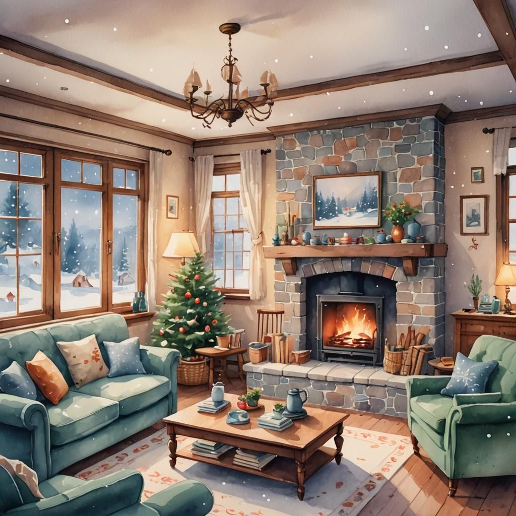 Cozy Living Room with Fireplace in Watercolor Style