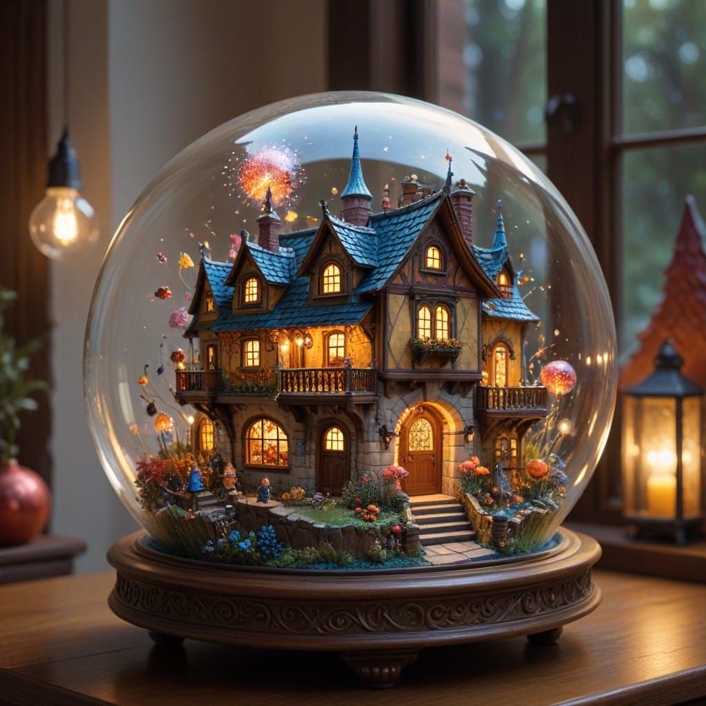 Whimsical Gnome Village Within a Glass Sphere