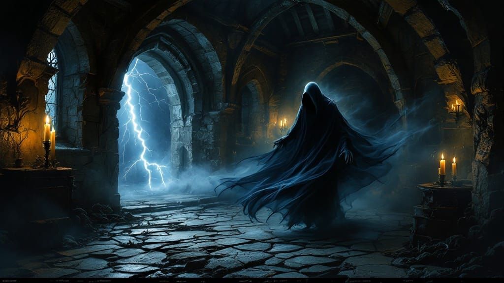 Mysterious Spirit Amidst Candlelit Castle