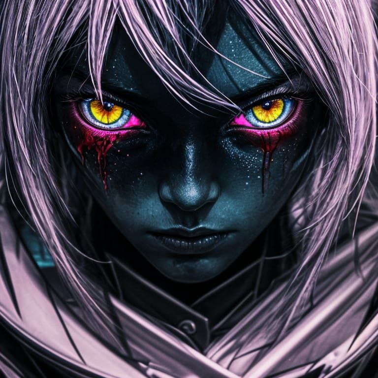 Anime Woman with Glowing Eyes Bleeding Soul