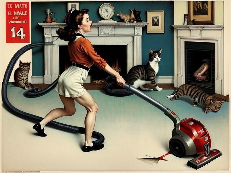 Humorous Cat and Vacuum Chase in Rockwell Style