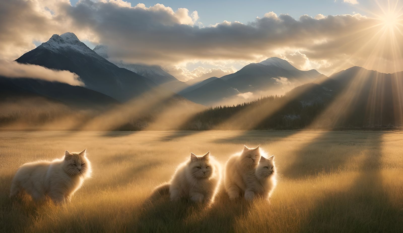 Fluffy Cats Singing to Sunrise Over Mountains