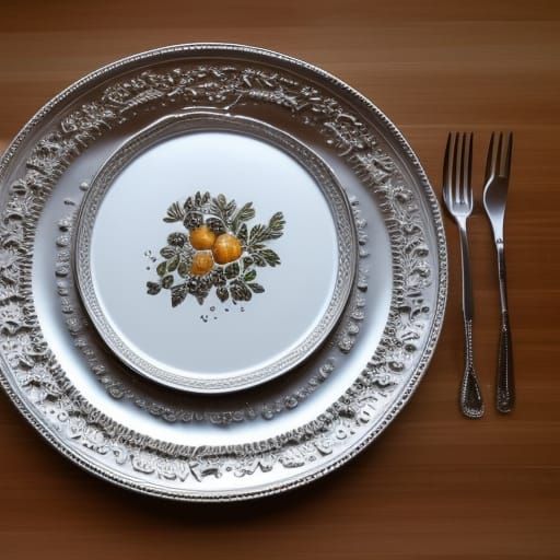 Opulent Feast on Silver Plates in Golden Light