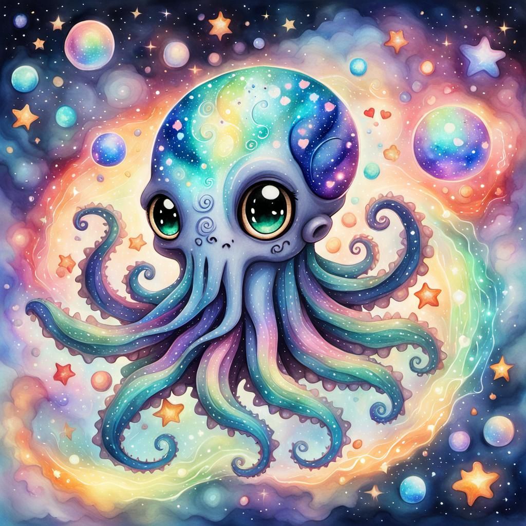 Cute Cthulhu Relaxing in Galactic Nebula Watercolor