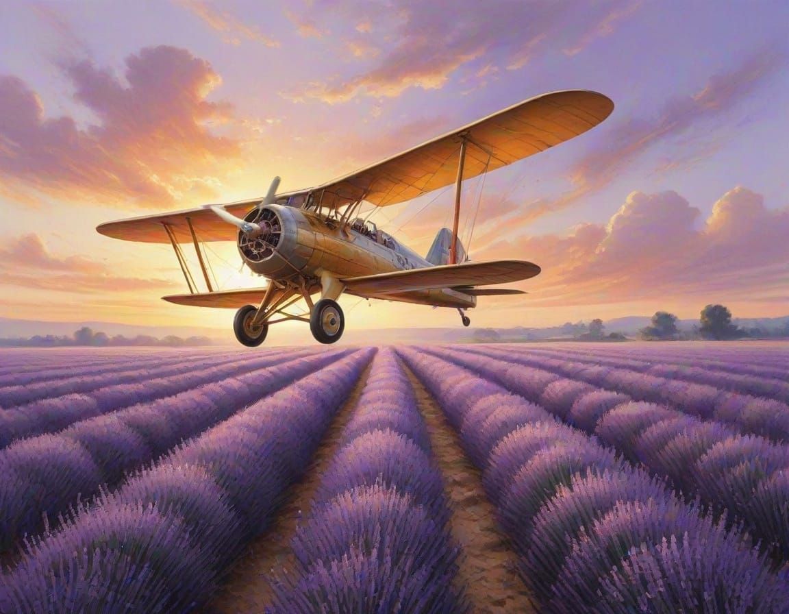 Biplane Over Lavender Fields at Sunset, Oil Painting