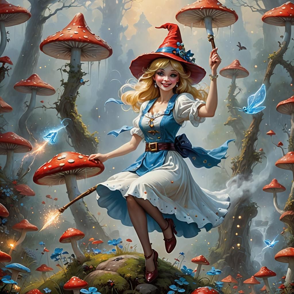 Smurfette Witch Flying on Mushroom in Fantasy Style