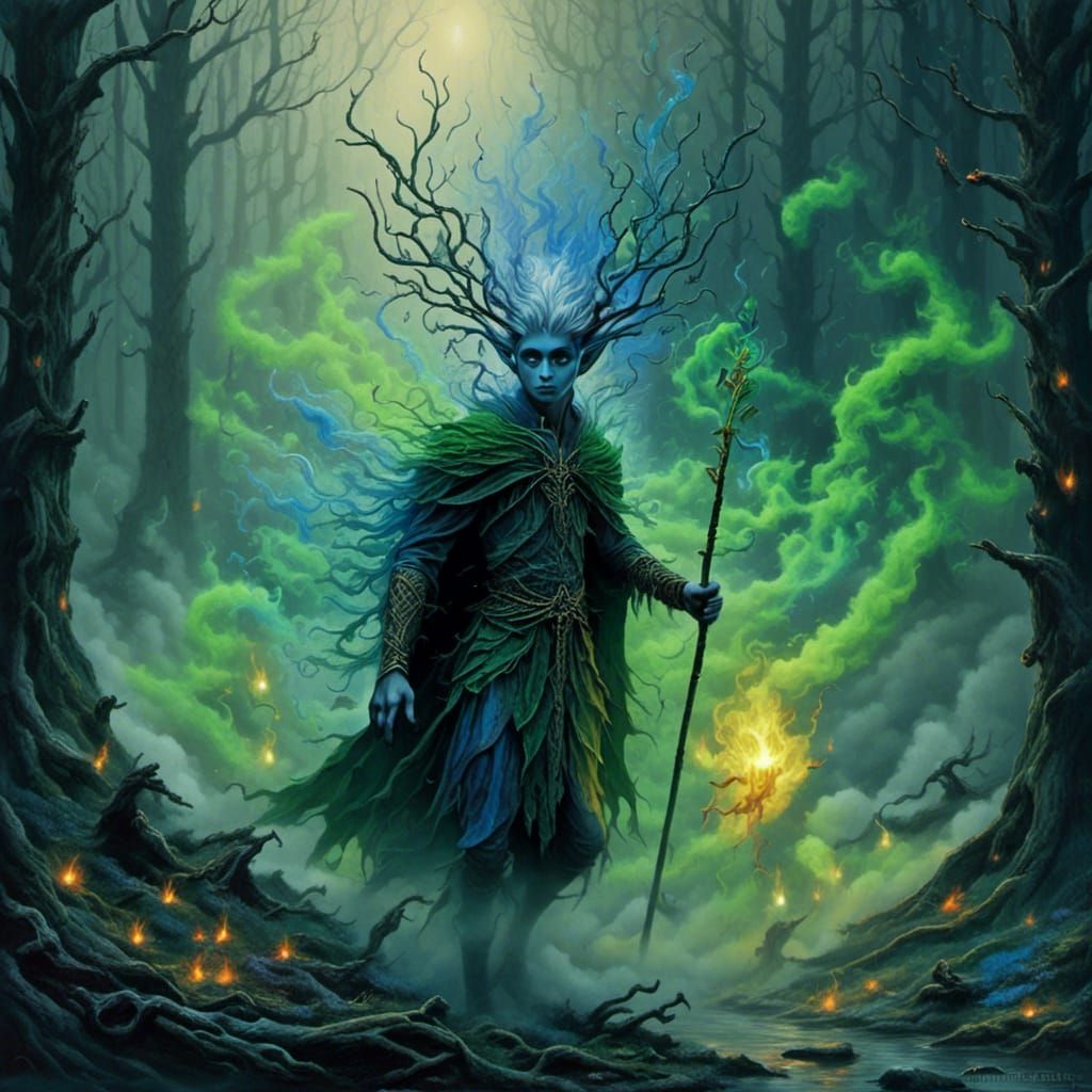 Dark Elf Druid Summons Magic in Forest