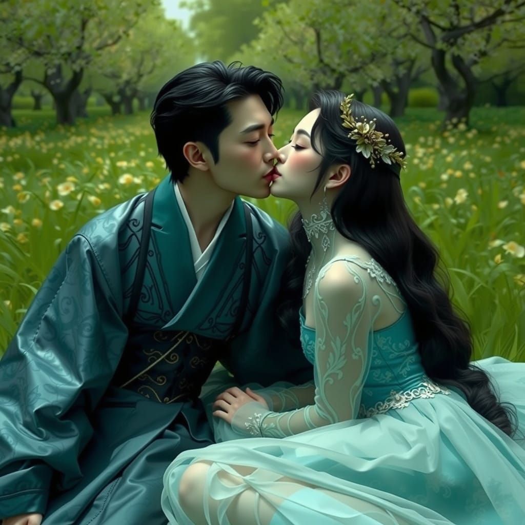 Dreamy Couple Share a Romantic Kiss in Vibrant 8K Anime Styl...