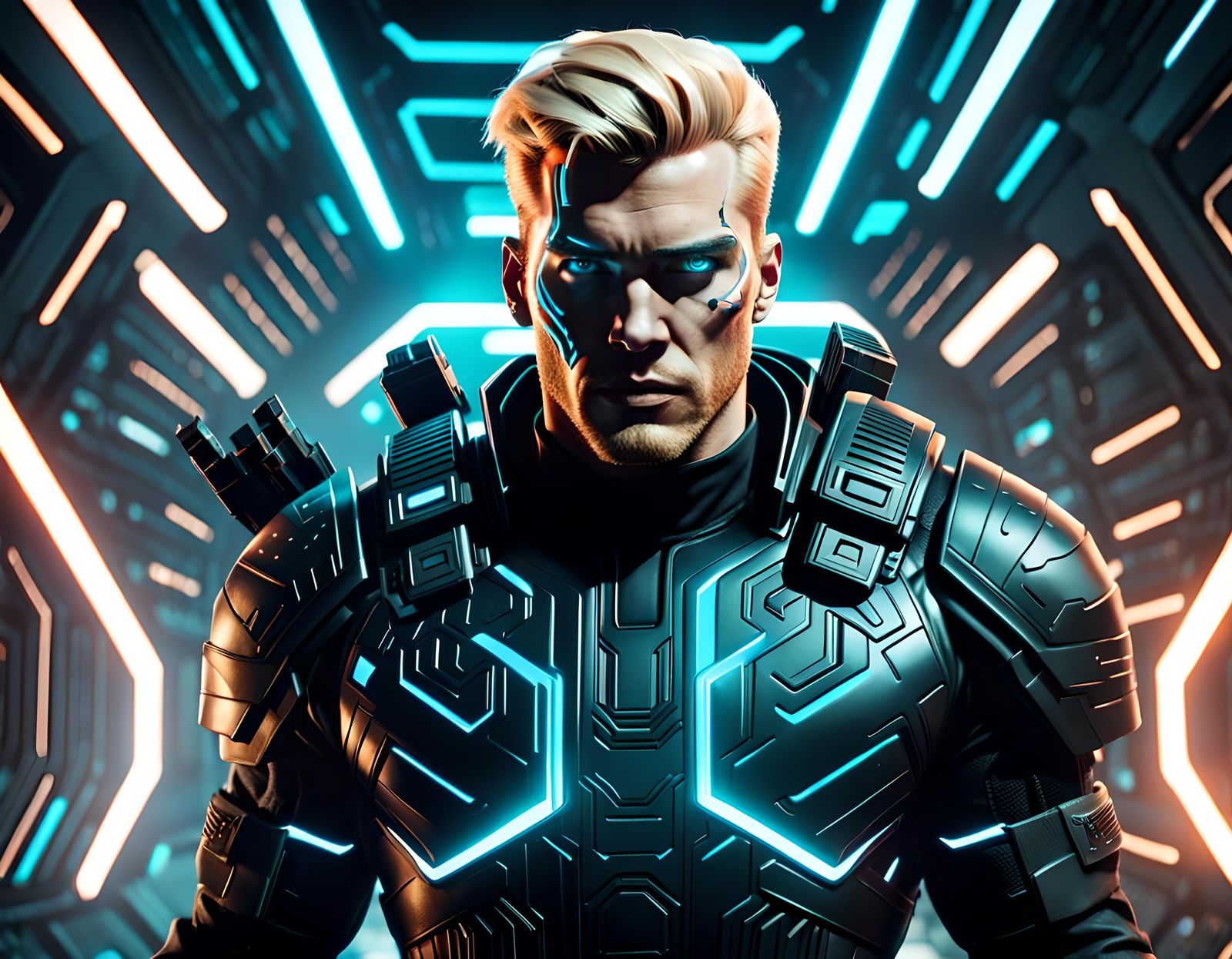 Futuristic Warrior in Digital Maze, Videogame Art