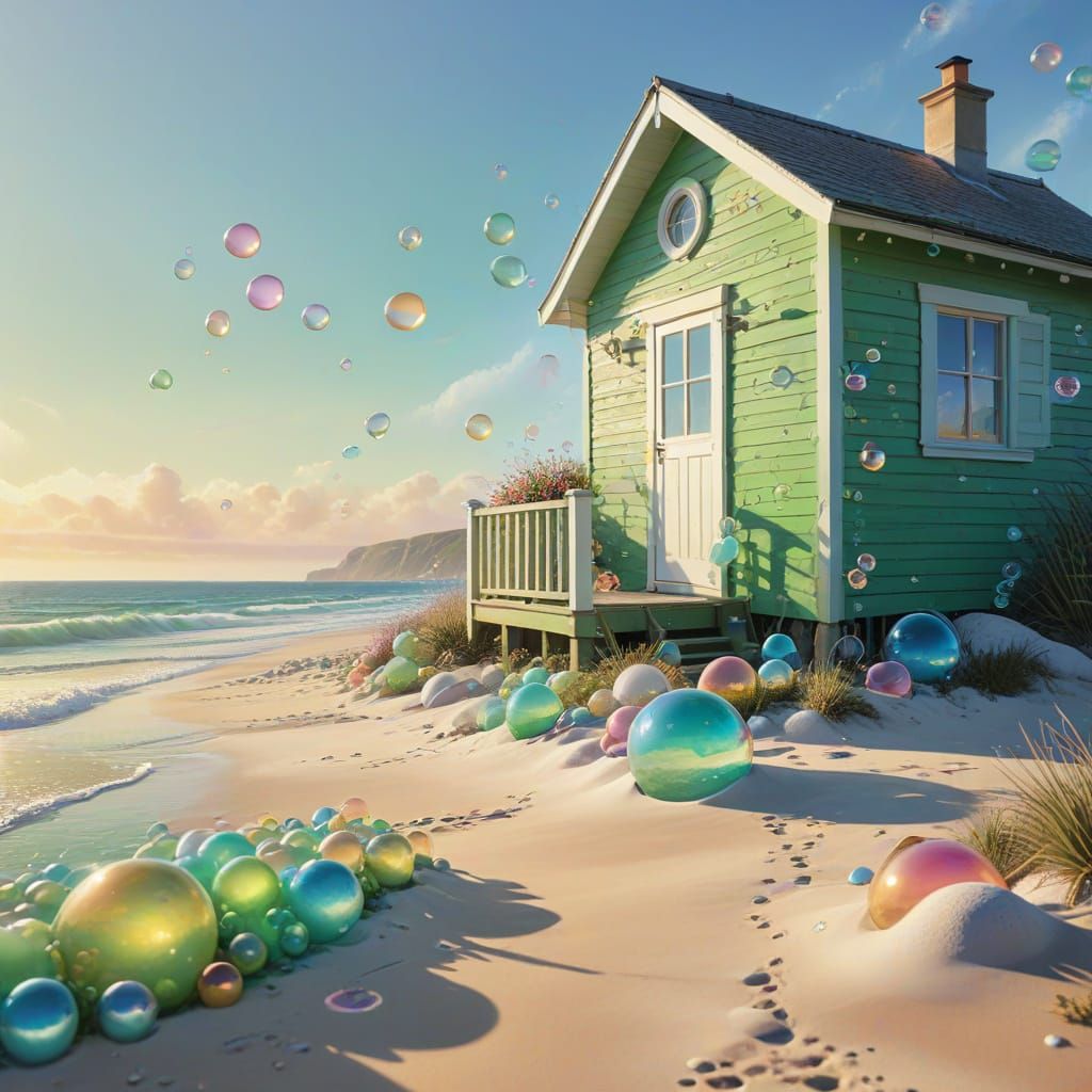 Whimsical Bubbles Above Beach Cottage, Oil Painting