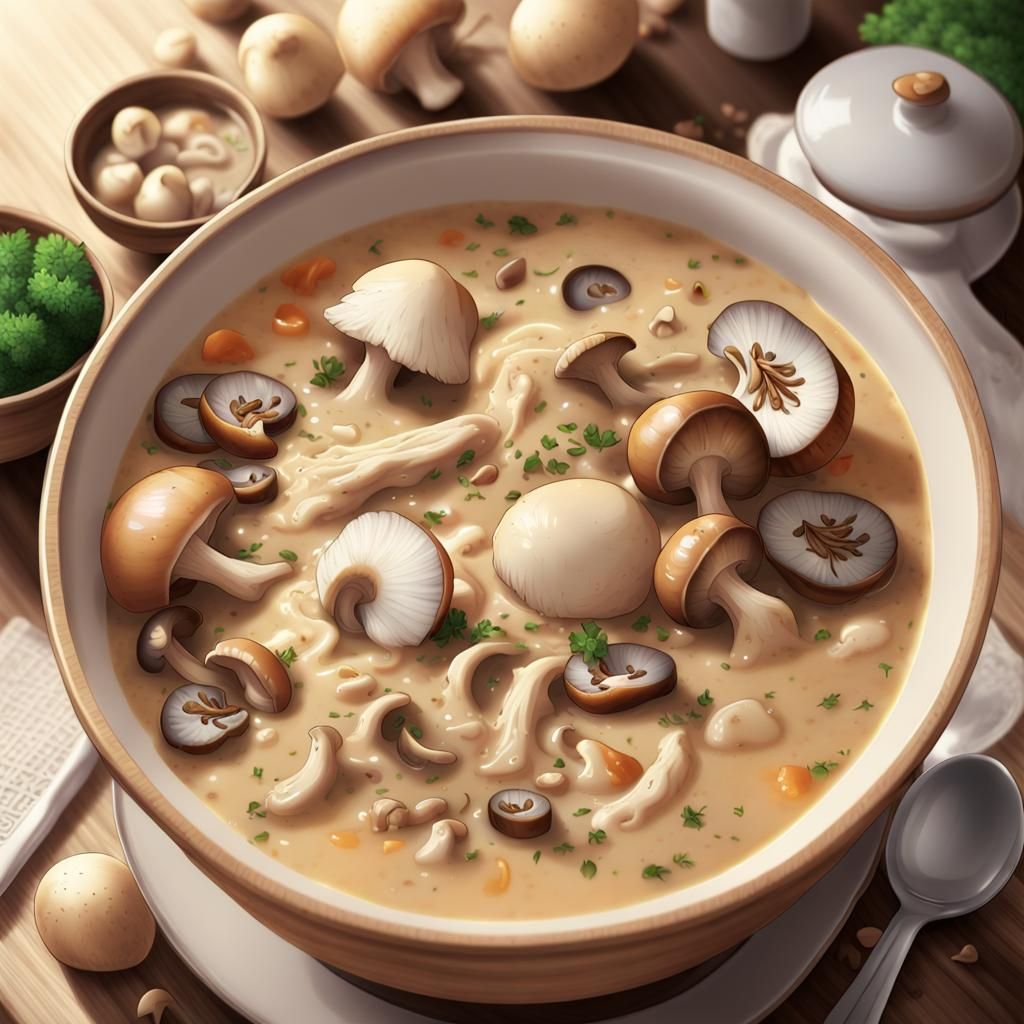 Detailed Creamy Chicken and Mushroom Soup in Anime Style