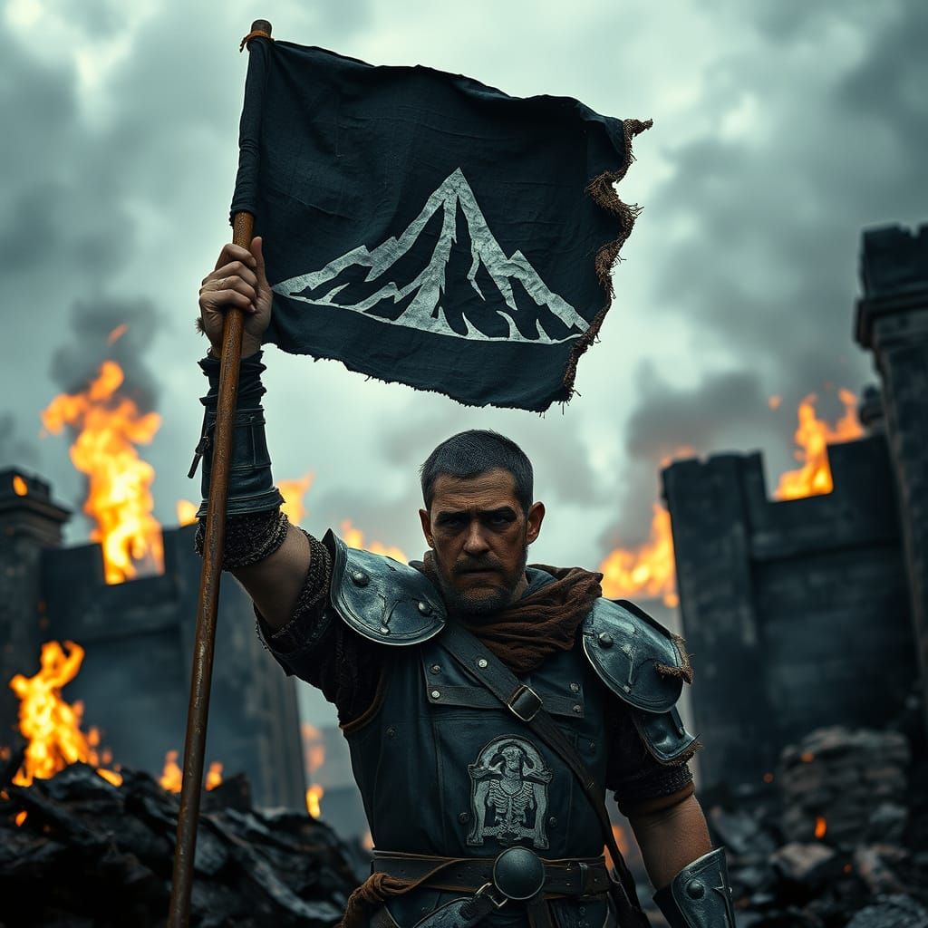 Warrior's Defiant Banner Amidst Ruins