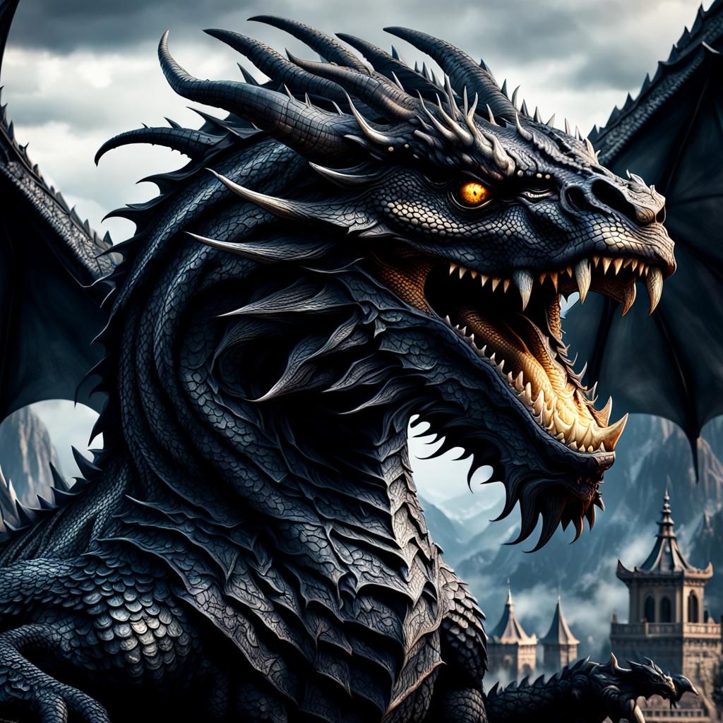 Hyperrealistic Giant Black Dragon in HDR