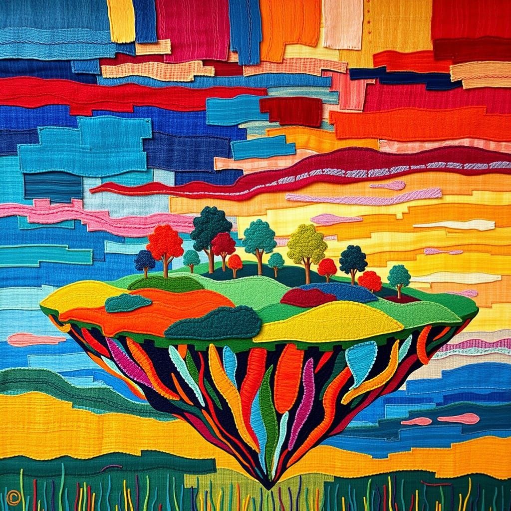 Vibrant Floating Island as Abstract Textile Art