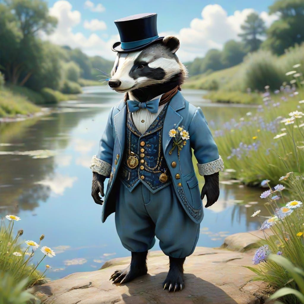 Charming Victorian Badger Strolls Along Serene Riverbank