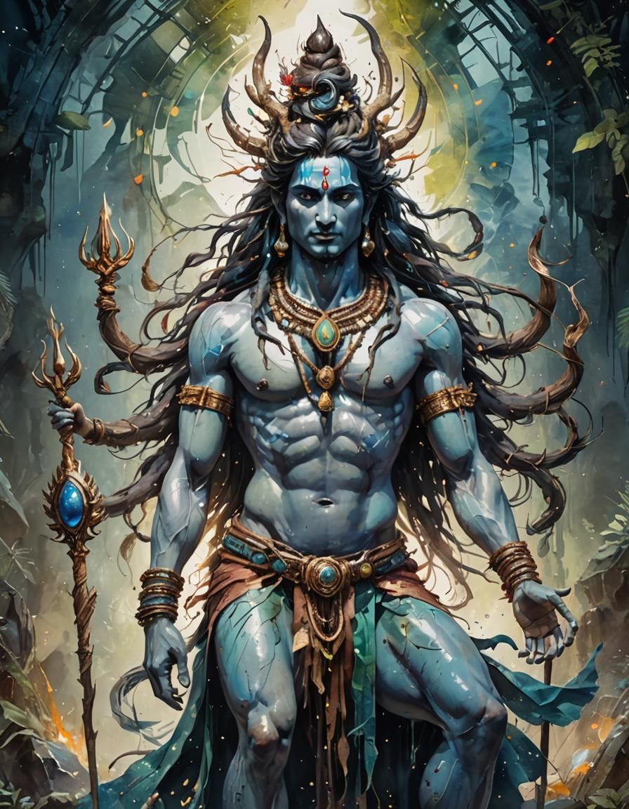 Shiva's Birth in Stylized Watercolor Art