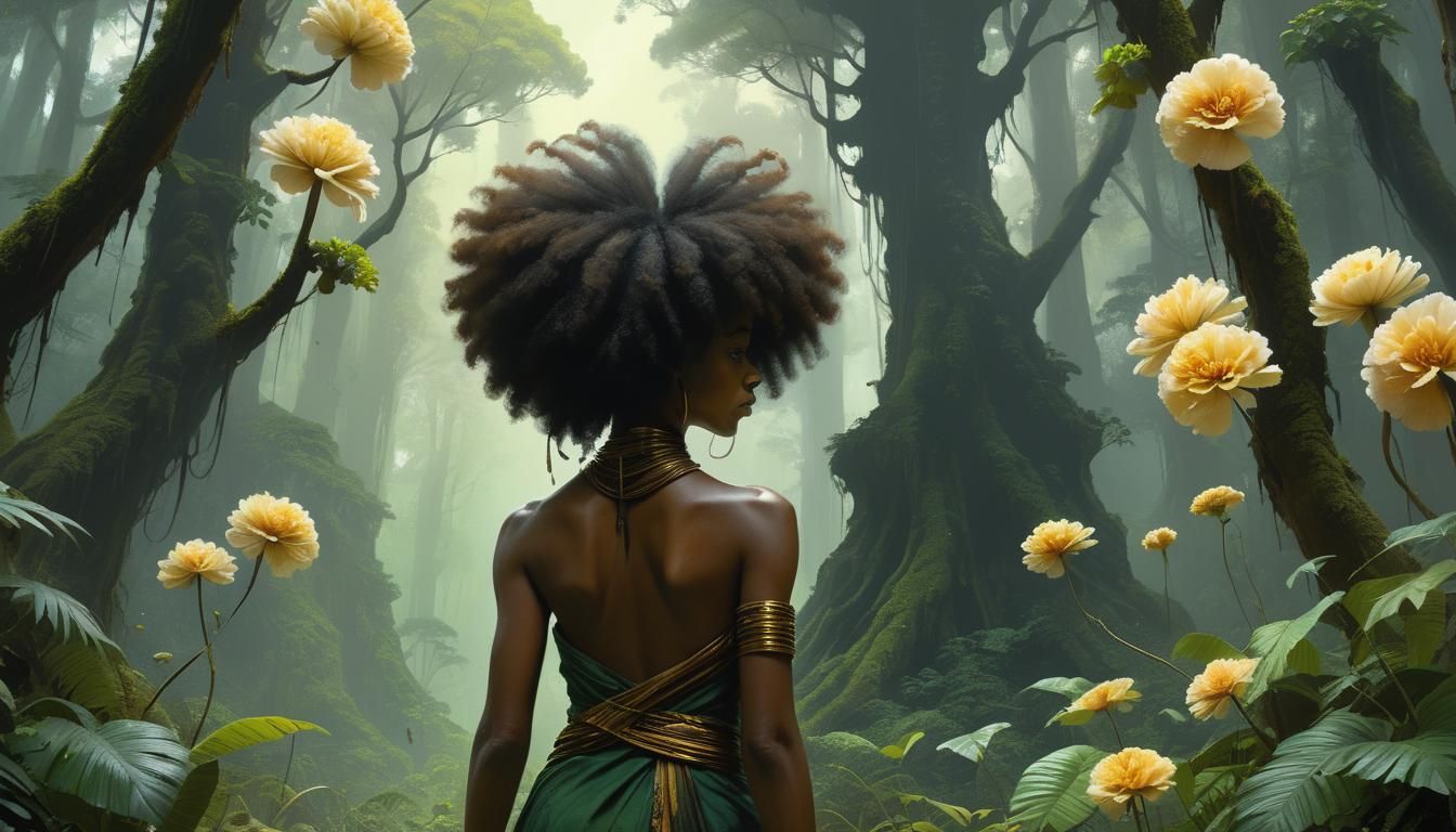 Young Girl Observes Rare Flower in Forest