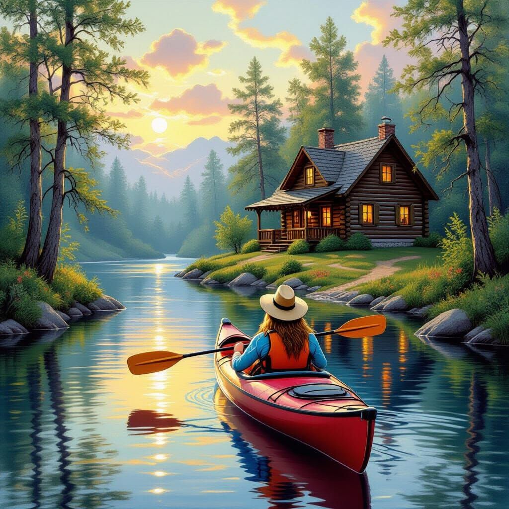 Kayaker Approaches Log Cabin in Painterly Style