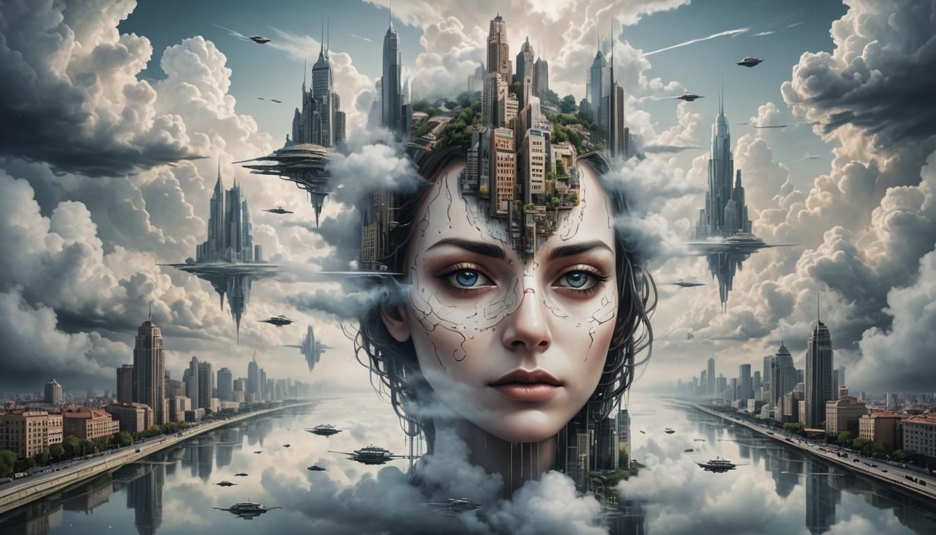 Futuristic Cloud City: Hyperrealist Surreal Portrait