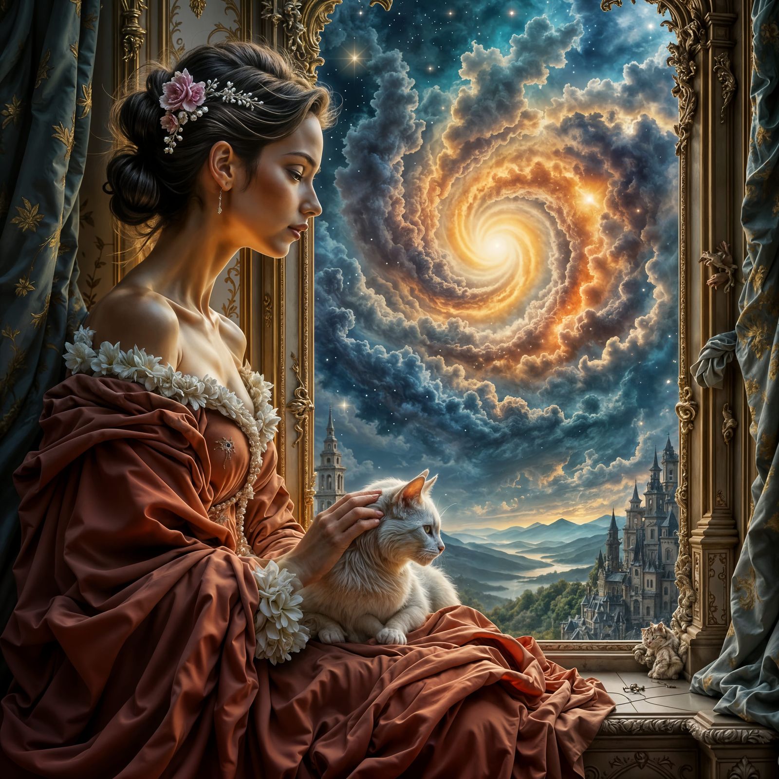 Baroque Woman and Cat Contemplate Cosmic Nebula