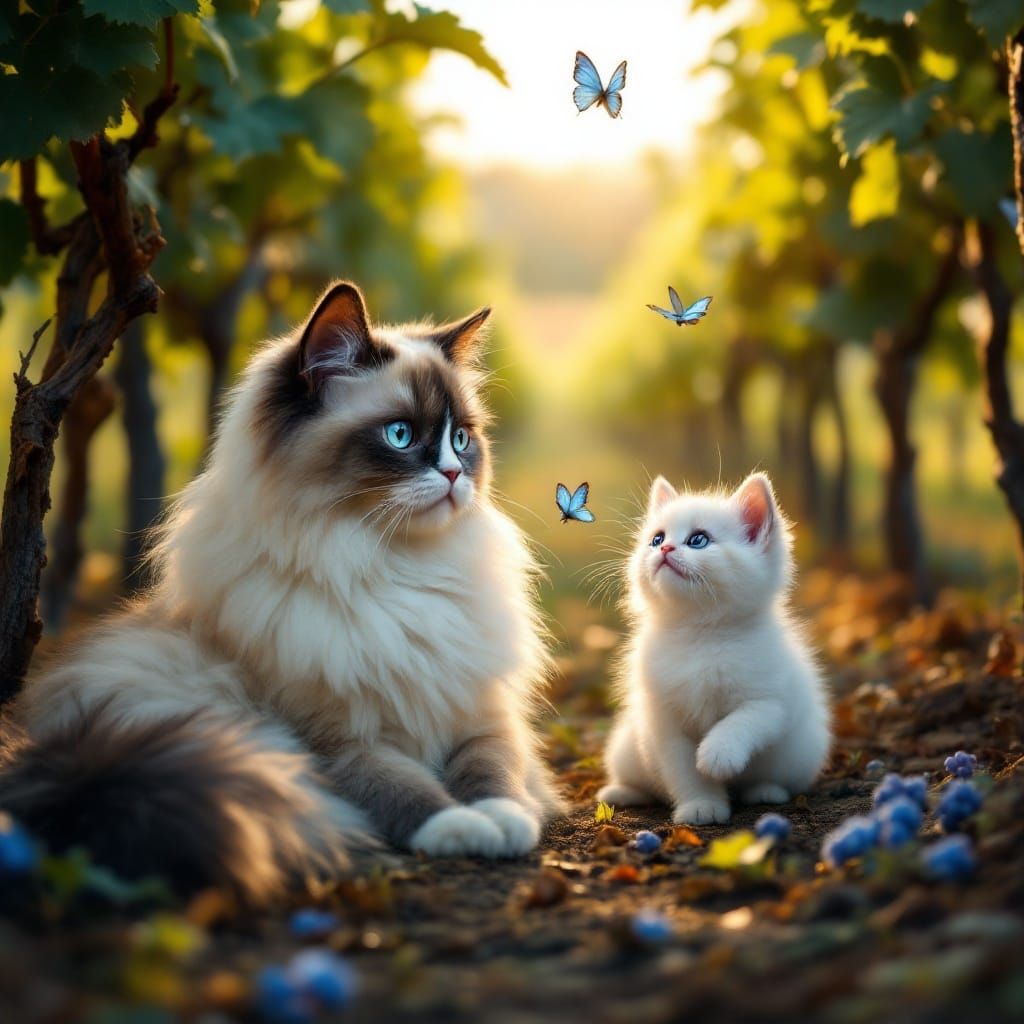 Momma cat and kitten, sunny day in the vinyard.