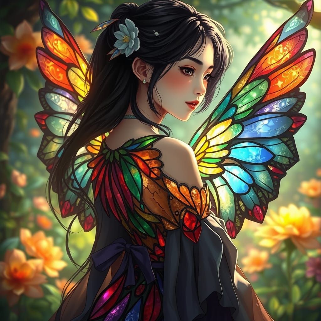 Japanese Girl in Stained Glass Dreamscape