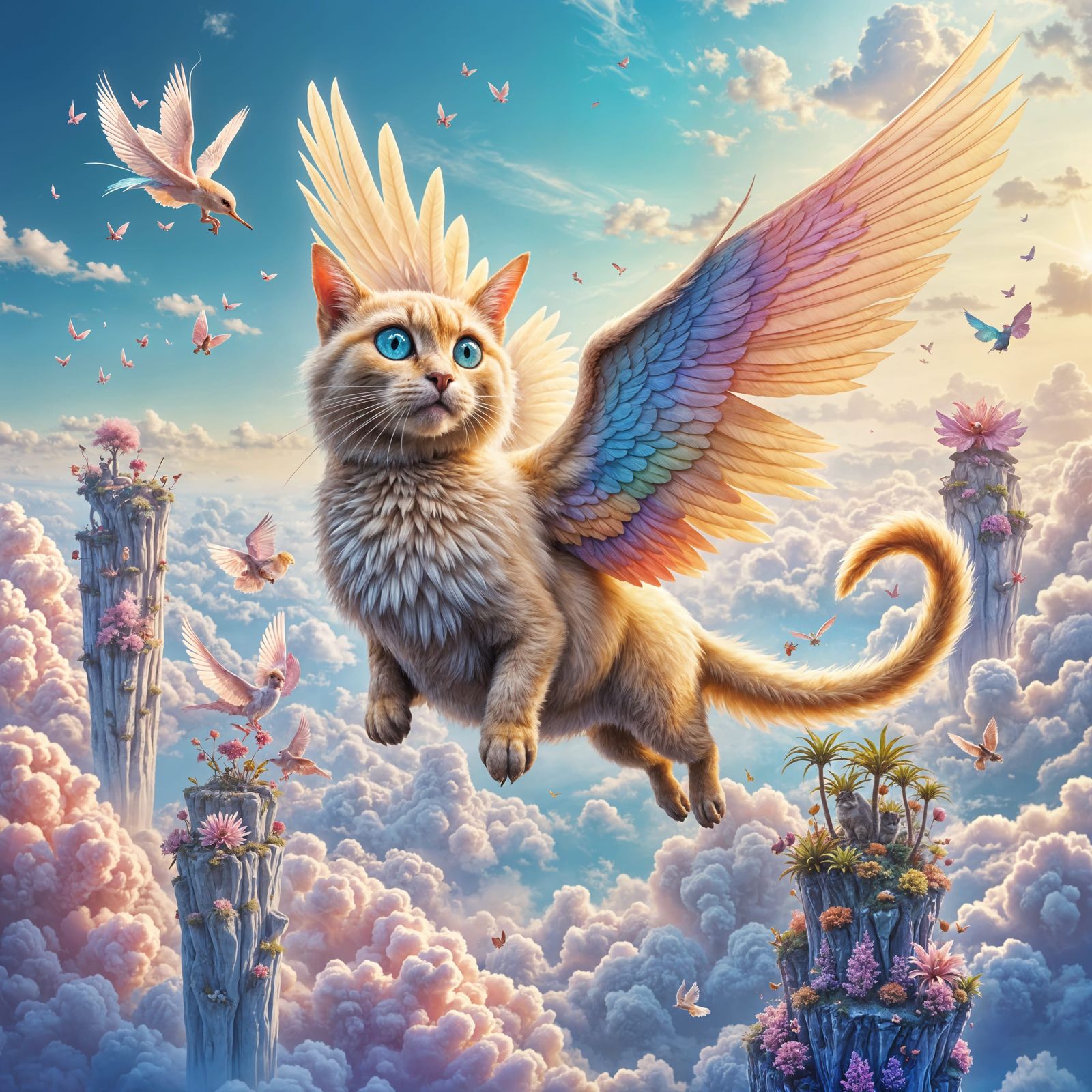 Whimsical Cat-Bird Hybrid Soars Amidst Fantasy Islands