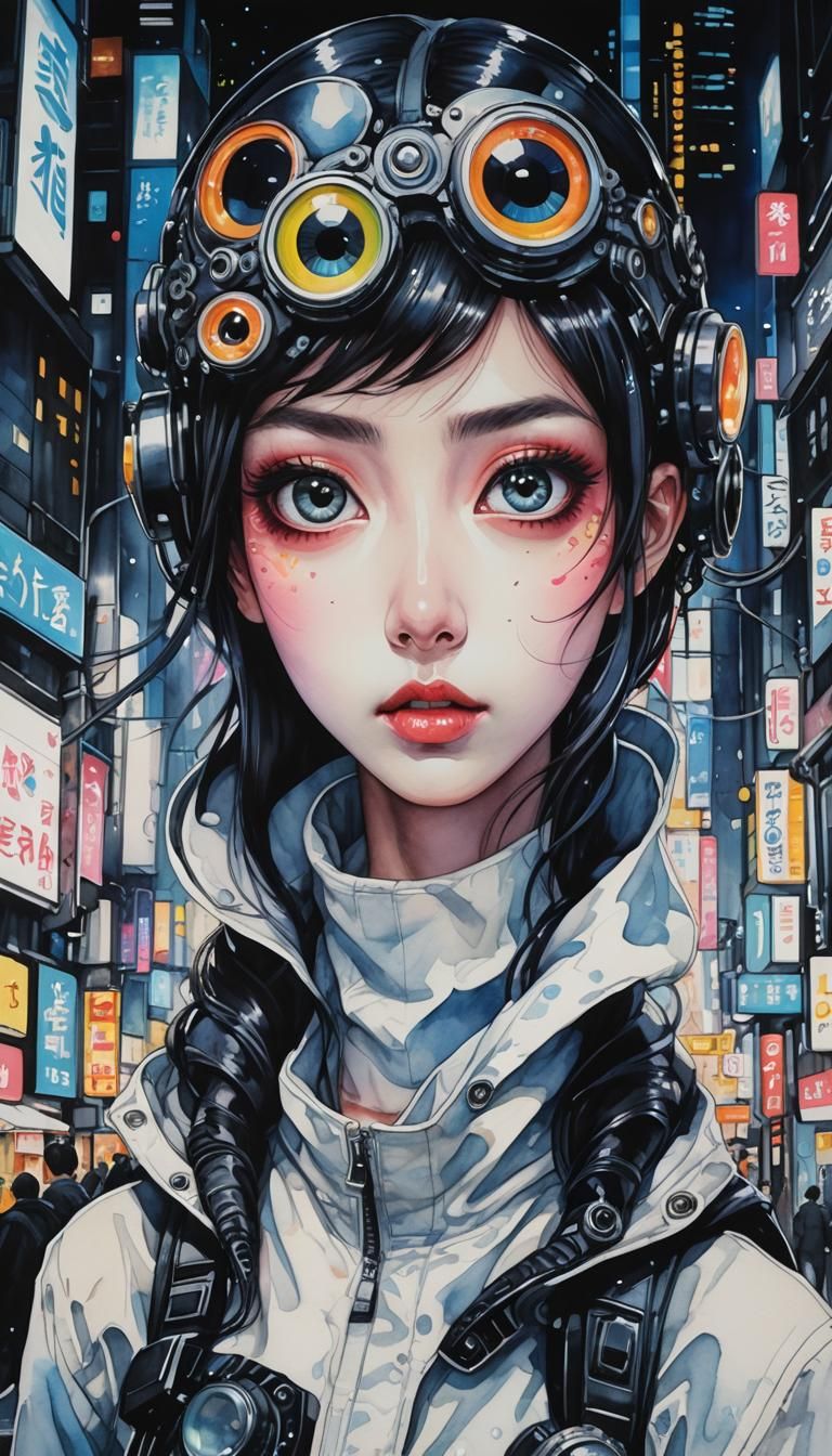 Futuristic Woman with Big Eyes in Neo-Tokyo Watercolor
