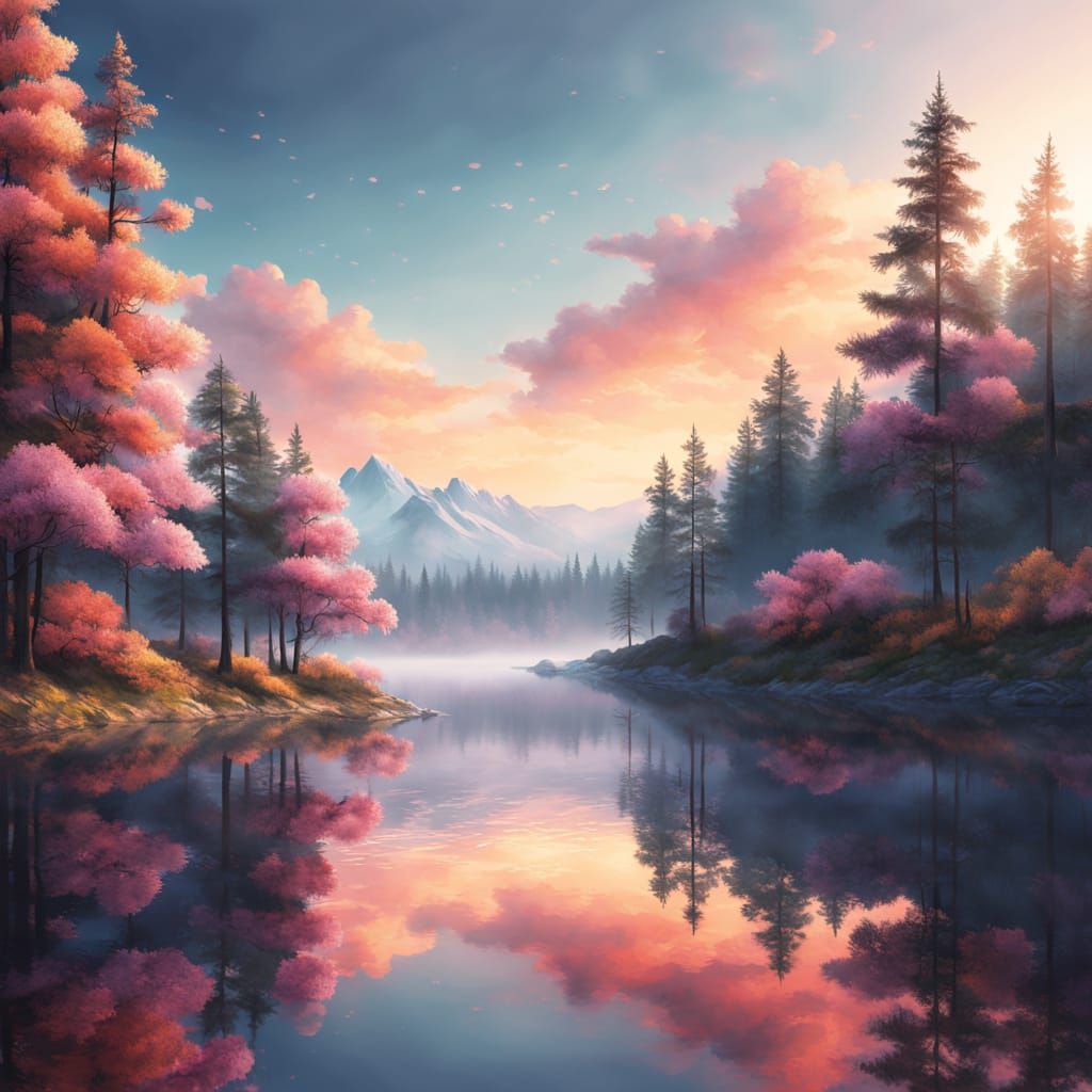 Sunrise Lake: Hyper-Realistic Fantasy Art