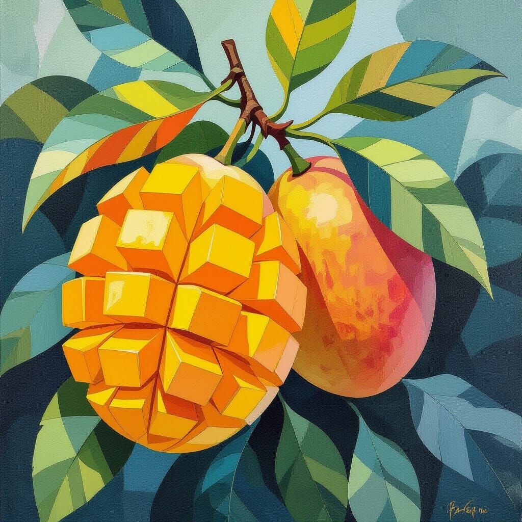 Vibrant Mango Painting with Delicate Brushstrokes