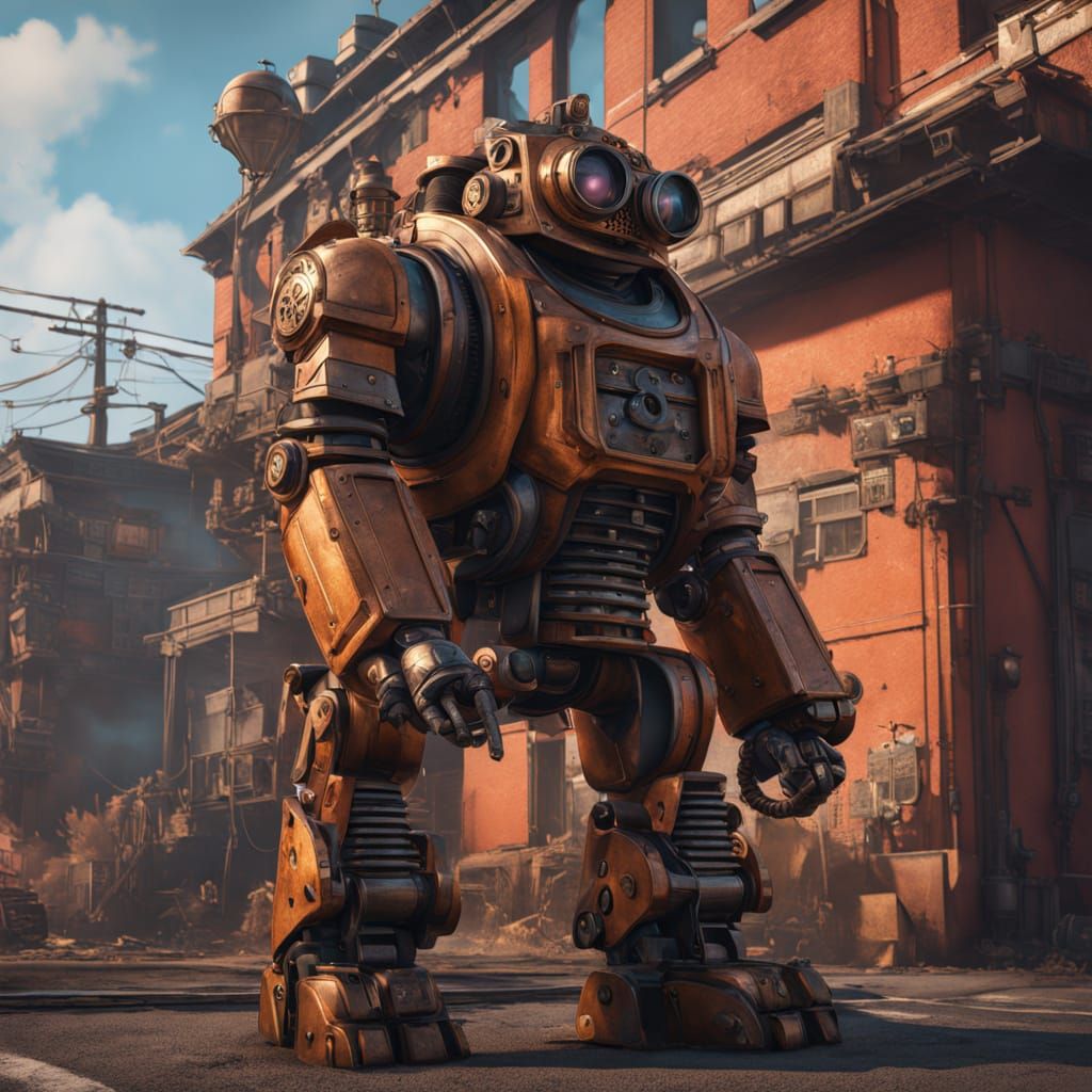 Steampunk Powerhouse Robot in Industrial Backdrop