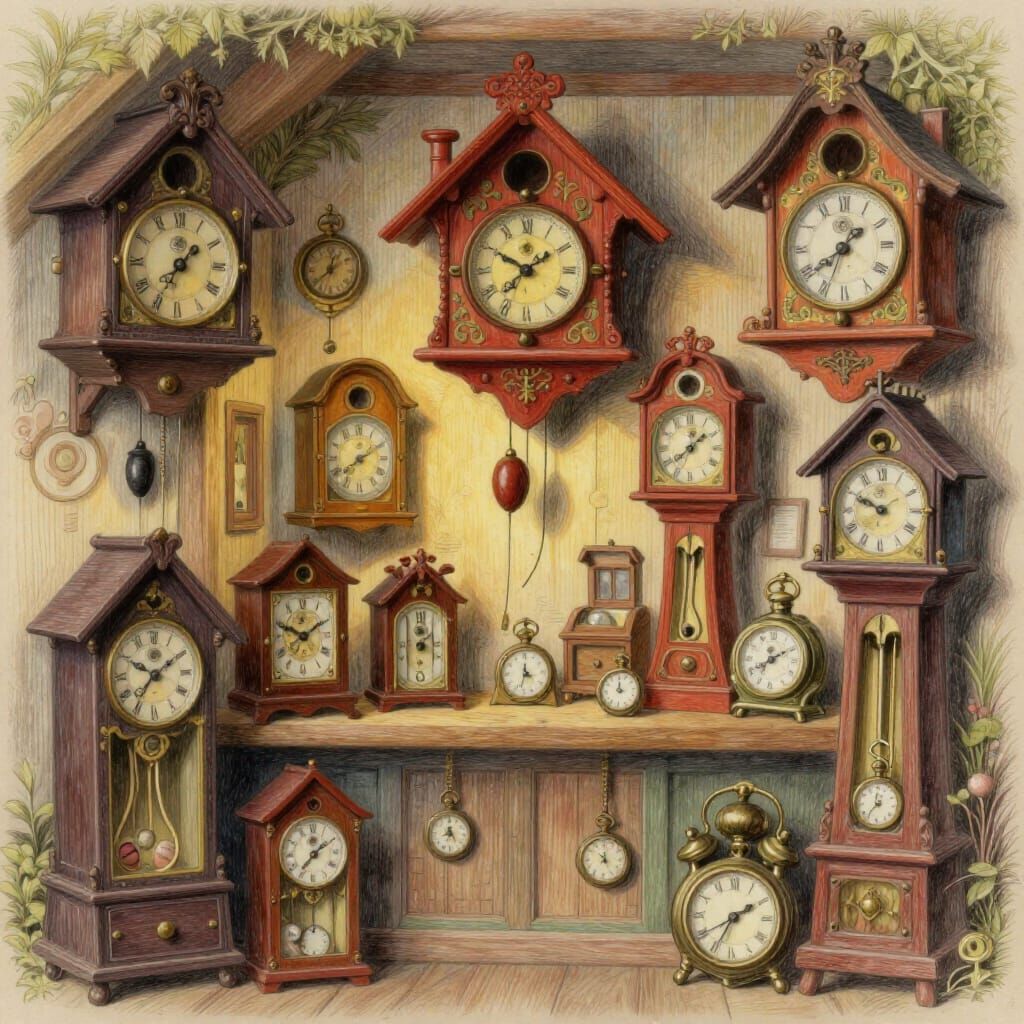 Brambly Hedge Style Clock Shop in Pencil Drawing