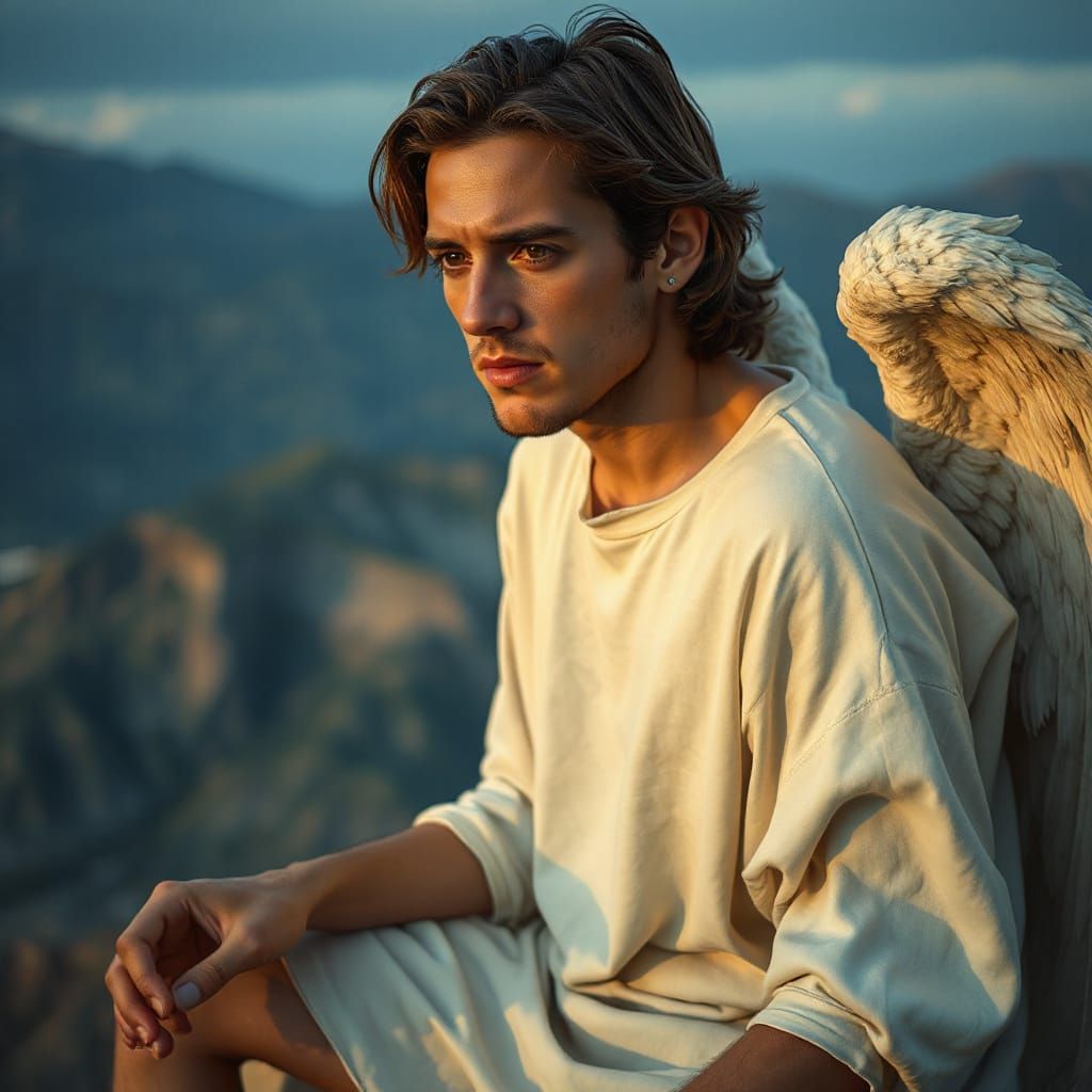 Sorrowful Angel on Mountain Edge: Hyperrealistic Art