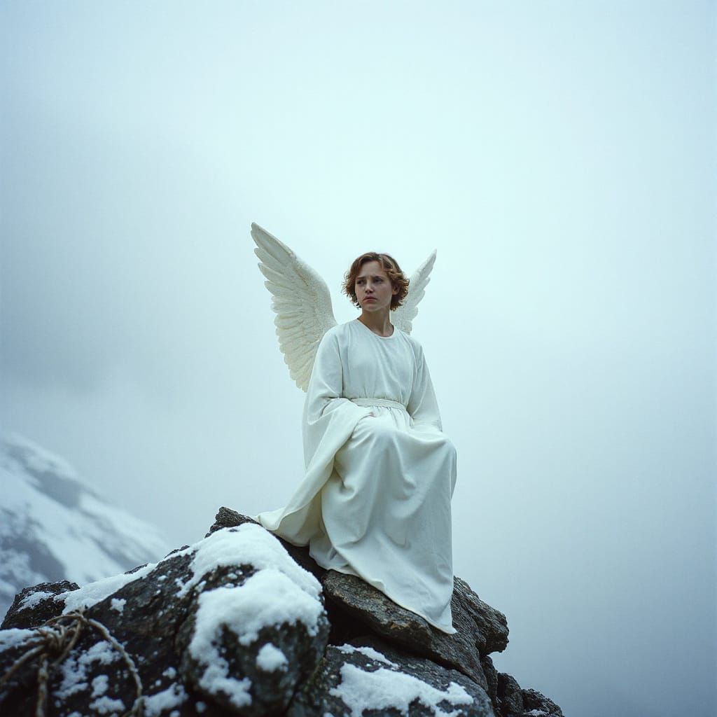 Sad Angel on Mountain in Hyperrealistic Style