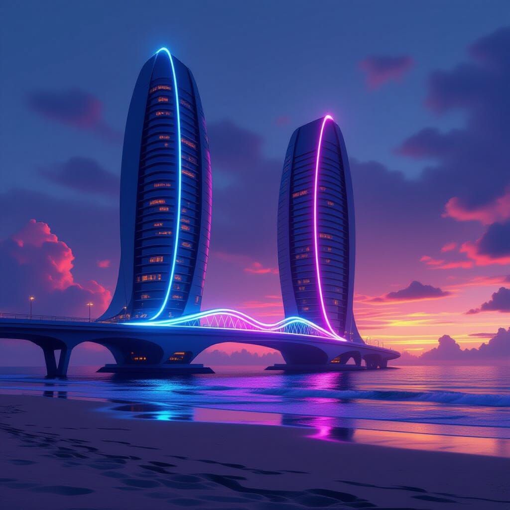 Futuristic Beach Cityscape with Glowing Neon Bridge