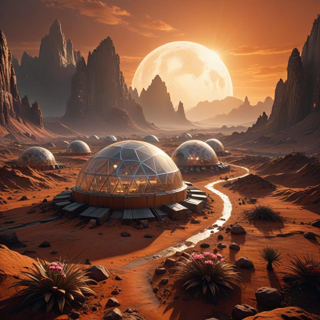 Martian Dawn Over Domed Settlements