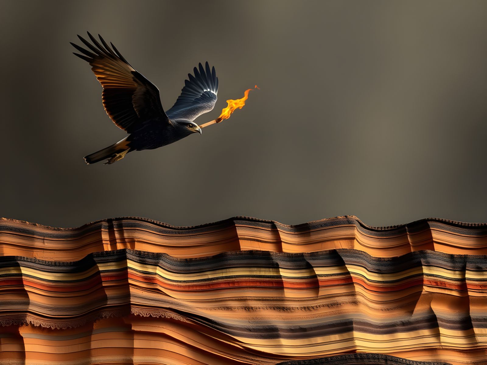 Black Kite Carries Burning Stick Over Sedimentary Landscape