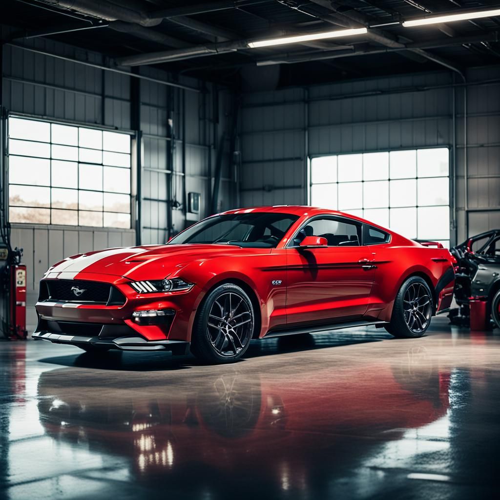 Ford Mustang in Modern Garage, Cinematic Film Still