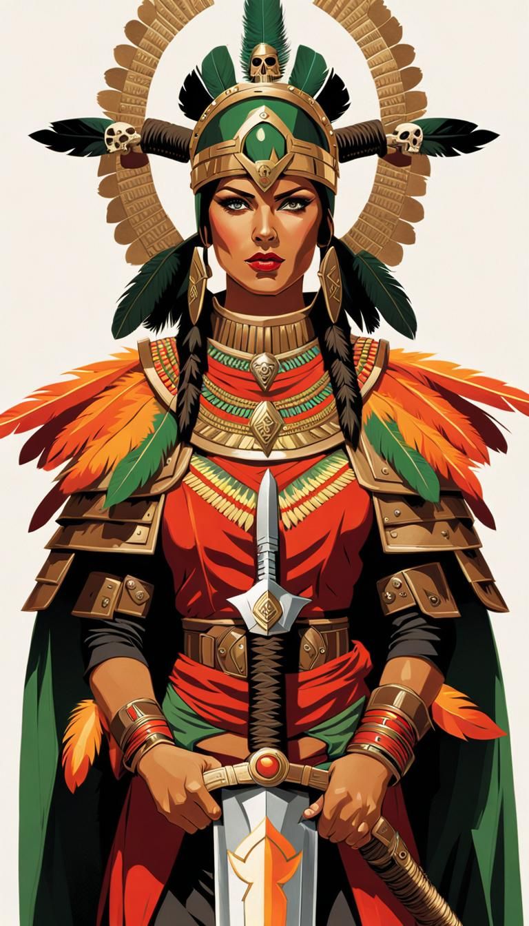 Aztec Warrior Woman with Flaming Sword, Dieselpunk Art