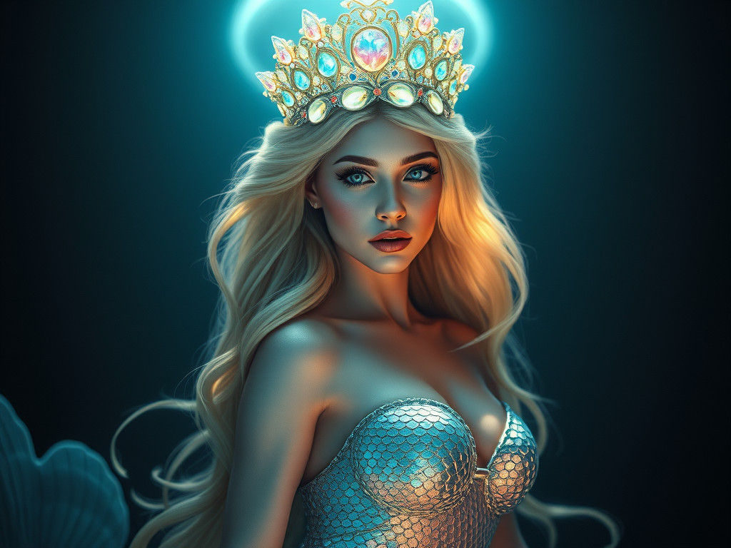 Bioluminescent Mermaid Rising from the Deep Ocean