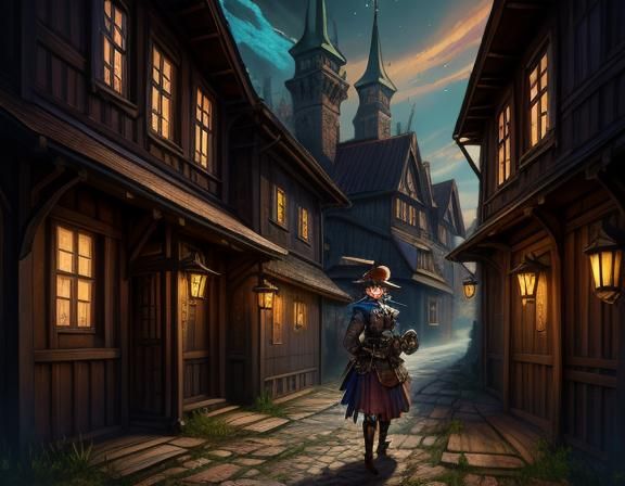 Steampunk Anime Woman in Latvian Village, Detailed Painting
