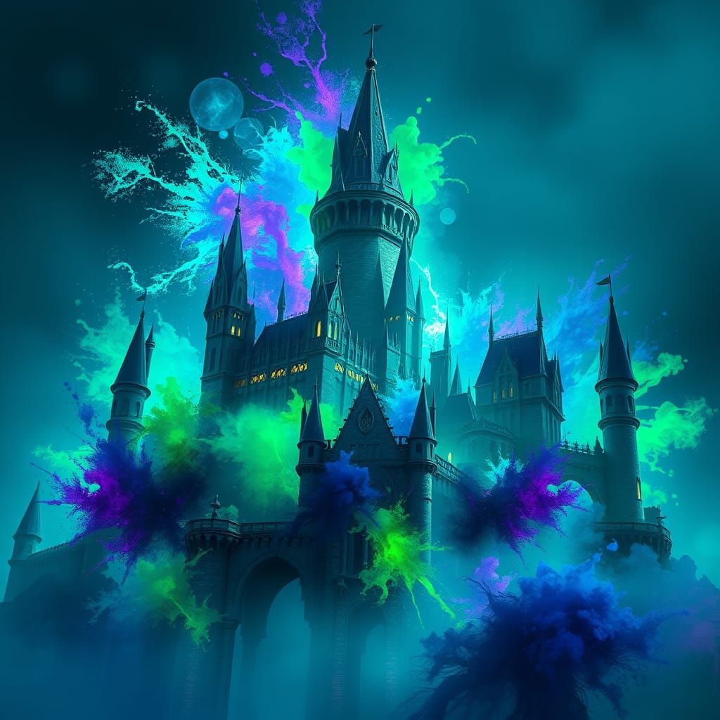 Mystical Castle Ablaze with Neon Ink Splatter