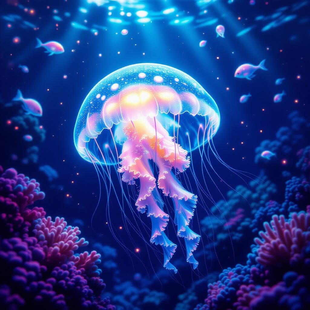 Bioluminescent Jellyfish Floating Through Coral Reef