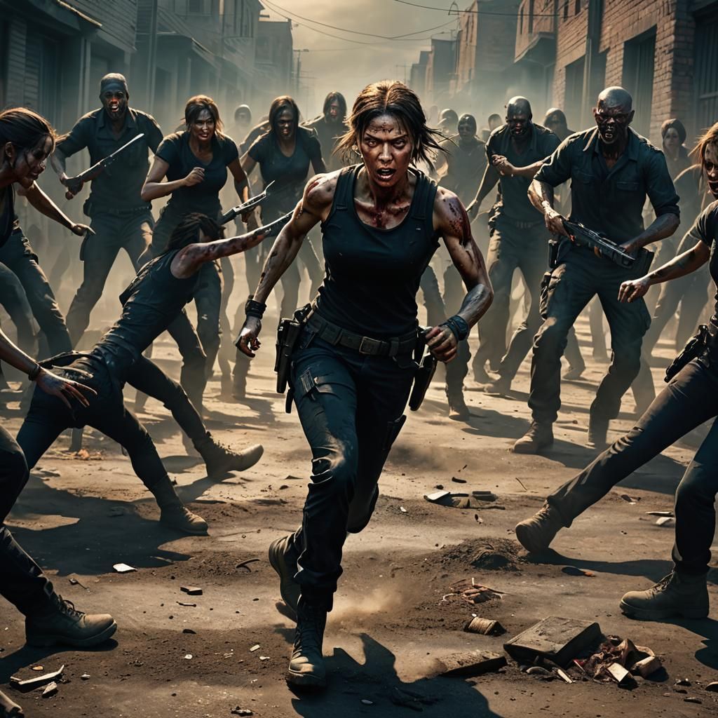 Woman Warrior Fighting Zombies in Hyperrealistic Action Art
