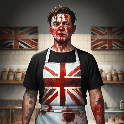 Pig Butcher in Union Jack Apron: Expressionist Painting