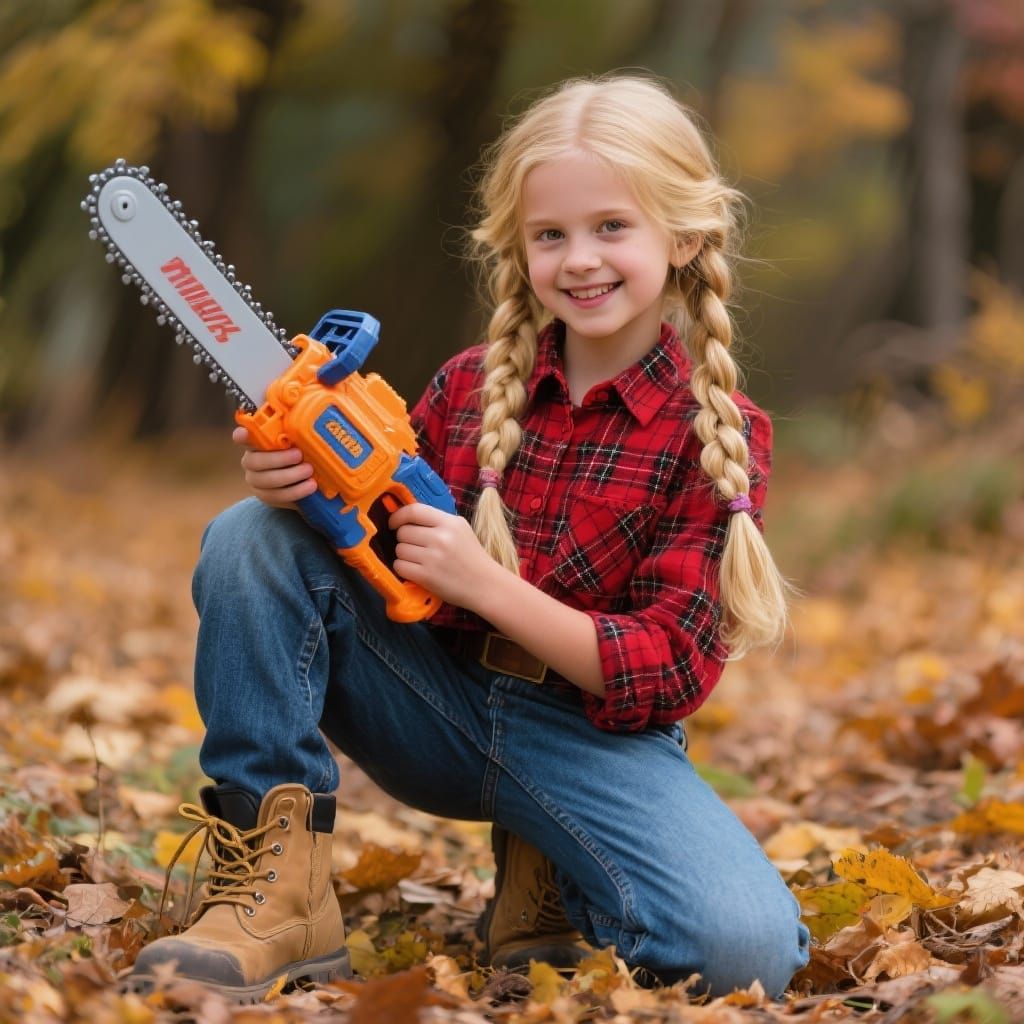 Girl in Plaid Shirt with Toy Chainsaw in Autumn