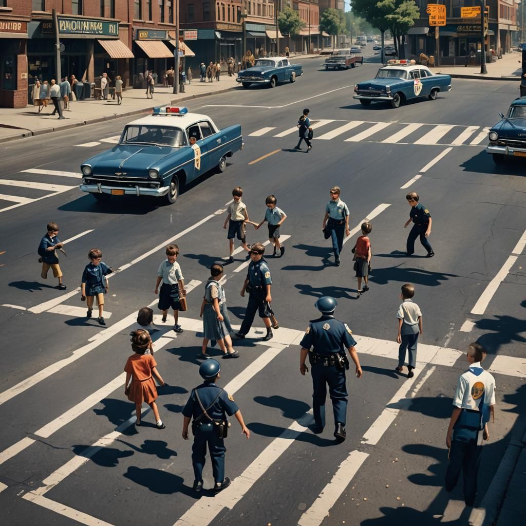 1960s Police Officer Helping Children Cross Street