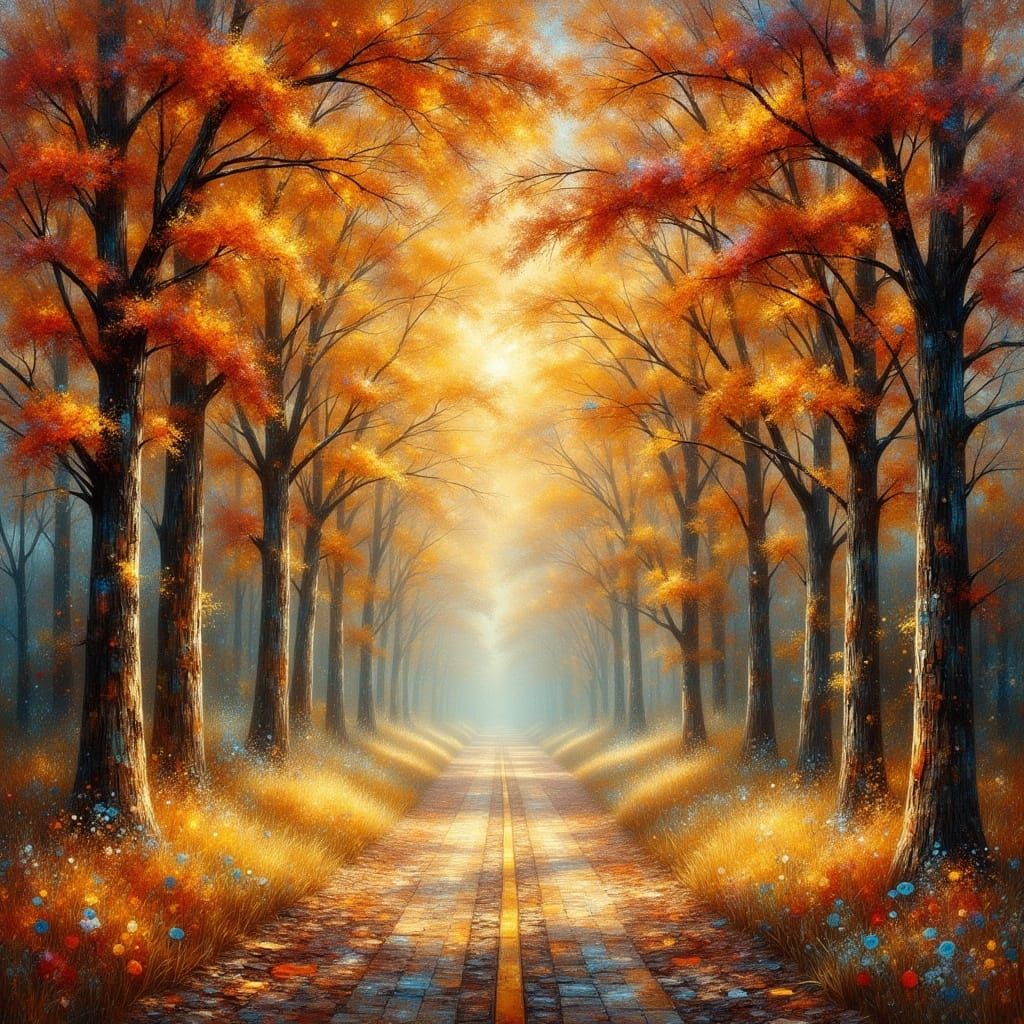 Autumn Forest Landscape with Golden Light, Impressionist Sty...