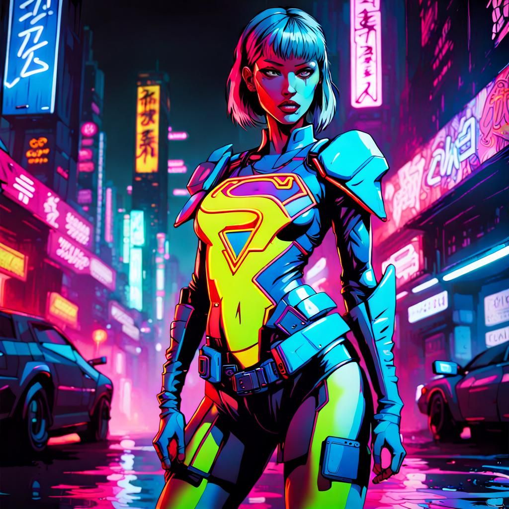 Cyberpunk Supergirl in Neon Tokyo Graffiti Art